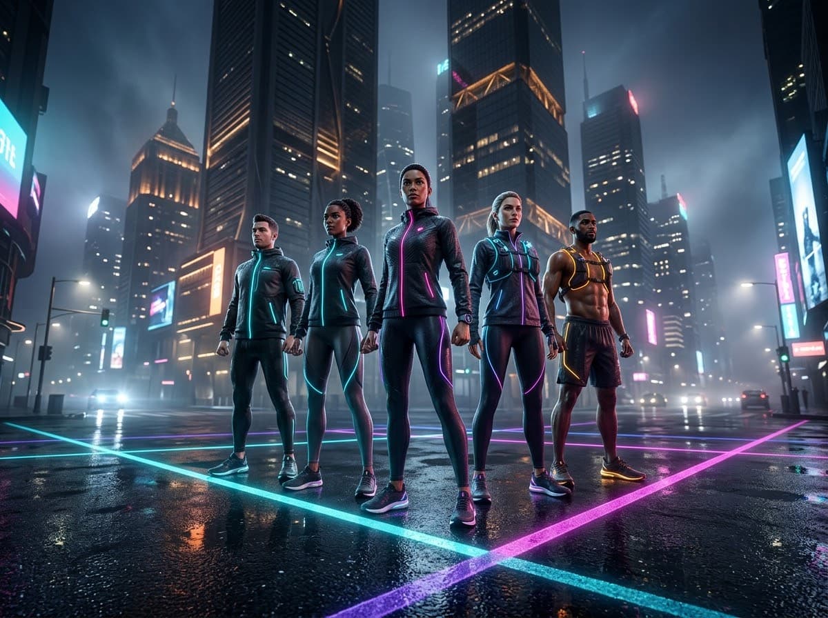 First Runner athletic squad running through AAA nocturnal cyberpunk metropolis